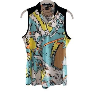 Jamie Sadock Women's Quarter Zip Tsunami Print Multicolor Sleeveless Golf Top S